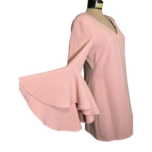 ELIZA J Pink Blush Ruffle V-Neck 3/4 Bell Sleeve Crepe Shift Sheath Dress 8 - Picture 5 of 8
